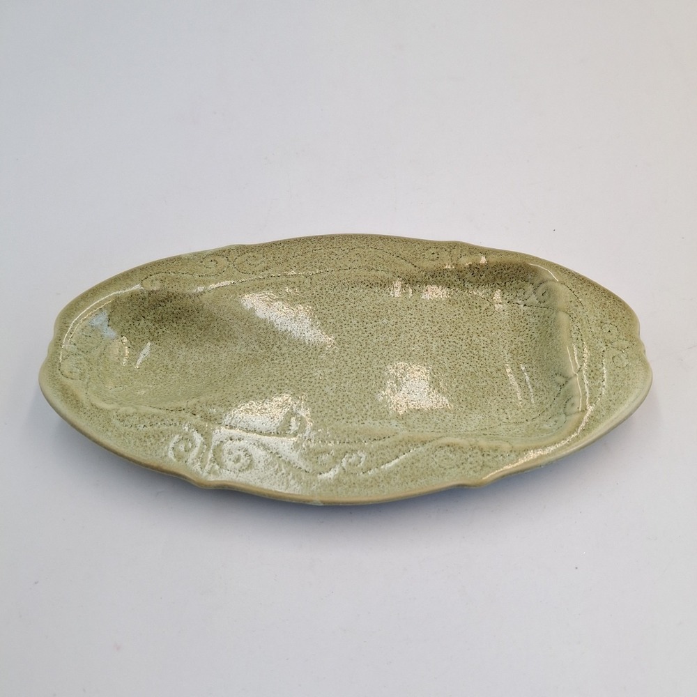 Vintage Green Ceramic Spoon Rest Oval Trinket Dish Ashtray Speckled Glaze 8.5"